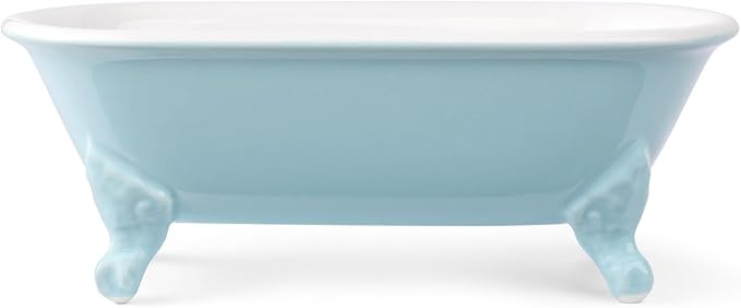 6.5" Ceramic Mini Decorative Clawfoot Bathtub Bar Soap Dish, Kitchen Sponge Holder and Shower Tray for Bathroom, 1 Pack(Baby Blue)