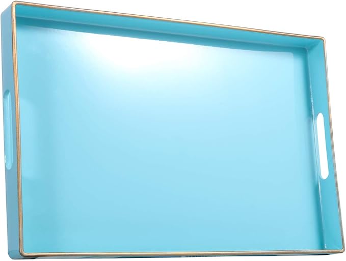 Zosenley Decorative Plastic Serving Tray with Handles, Modern Vanity Organizer for Bathroom, Kitchen, Ottoman and Coffee Table (Blue, Rectangular)