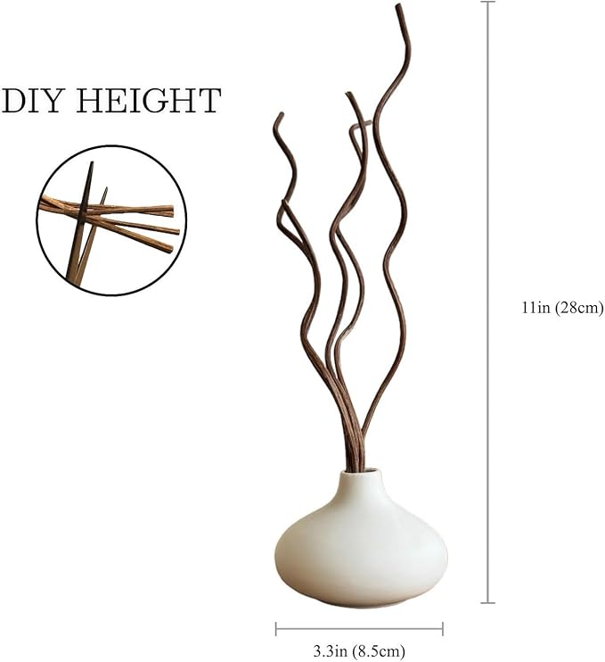 White Ceramic Vase, DIY Empty Reed Diffuser Bottle with Wavy Brown Rattan Sticks for Essential Oils, Set of 2, Aromatherapy, Modern Minimal Decor