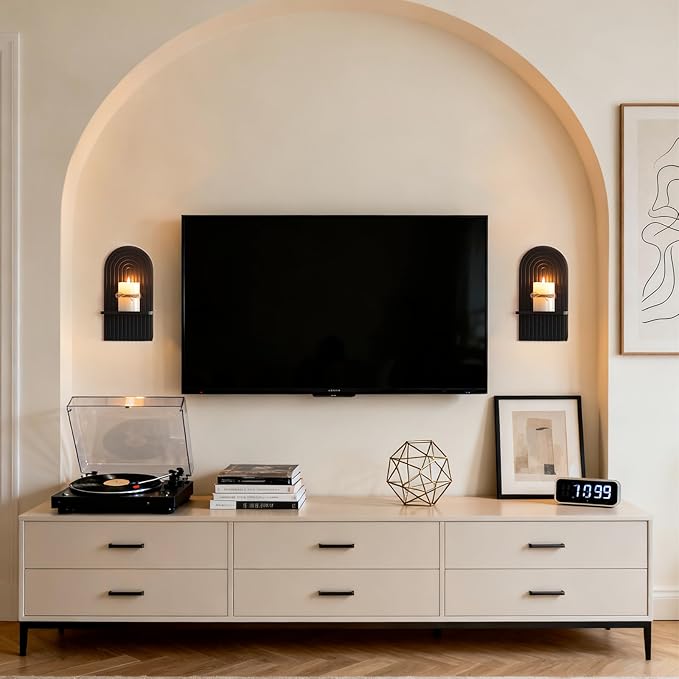 Black Boho Candle Sconces Decor: Set of 2 Wood Mid-Century Wall Candle Holder for Hallway Fireplace Bedroom - Arch Wall Shelf for Plants Pillars Candles