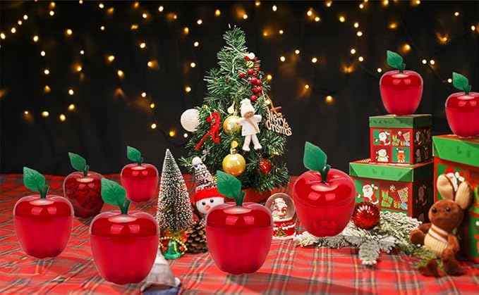 HANZE Large Red Apple-Shaped Containers - Plastic Candy Toy Filling Jar for Holiday Decorations, Back To School Teacher Appreciation Gift, Merry Christmas and Happy New Year Gift Boxes - 2 Pack