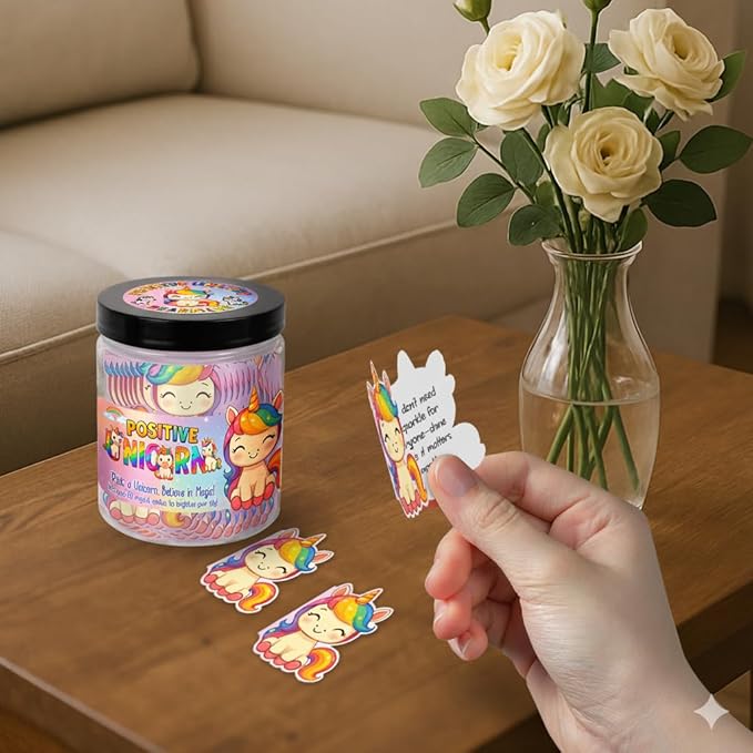 Positive Unicorn Jar with 60 Daily Affirmation Cards, Emotional Support Unicorn Gifts for Women, Stress Relief, Unicorn Birthday Gift, Unicorn Decor