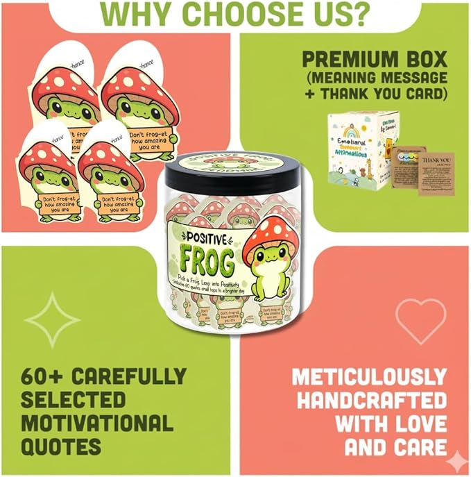 Positive Frog Jar with 60 Affirmation Cards, Emotional Support Gift, Christmas Home Office Frog Decoration, Frog Gifts for Women, Teens, Teachers, Coworkers, Friends, Men