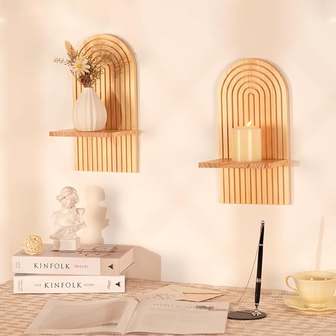 Boho Wall Decor Set of Two - Natural Modern Minimalist Mid Century Wall Candle Holder for Living Room - Wood Bohemian Decor for Bathroom Nursery Bedroom