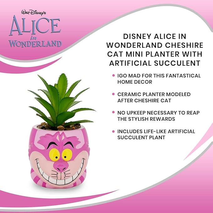 Silver Buffalo Disney Alice in Wonderland Cheshire Cat 3-Inch Ceramic Mini Planter w/Artificial Succulent | Small Flower Pot, Faux Indoor Plants for Desk Shelf, Home Decor Trinket Tray