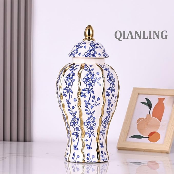 18.1in White and Gold Blue Luxury Ceramic Ginger Jar with Lid - Modern Geometry Decorative Vase for Home Decor, Living Room, Kitchen, Dining Table, Cabinet Decor, Storage