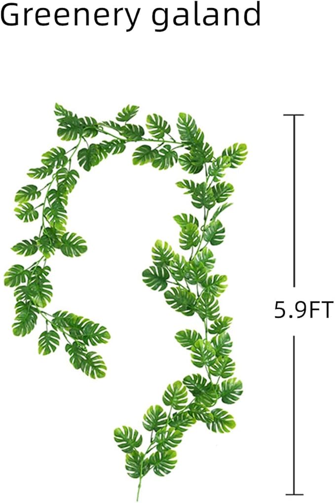 2PCS Artificial Monstera Greenery Plant Fake Turtle Leaves Garland Wreath Fake Vines Table Runner for Wedding Arch Home Party Mantle Decor