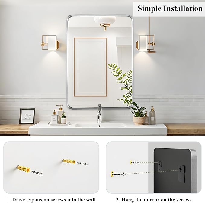 Fabuday Bathroom Mirror Silver Framed - 24x32 Inch Rectangular Wall Mirrors for Over Sink, Silver Aluminum Frame Vanity Mirror for Entryway Decor, Matte Finish, Horizontal or Vertical Hanging