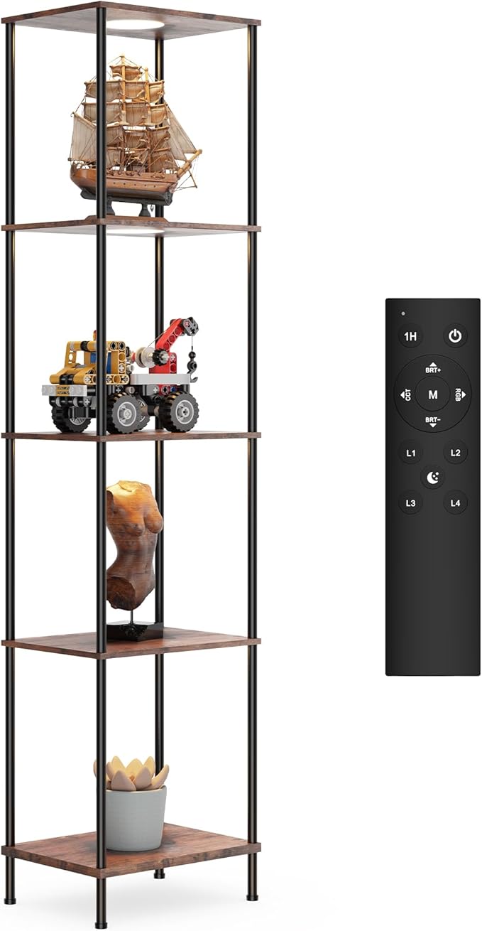 Display Shelf with RGBW Light, Color Changing Curio Cabinet Floor Lamp with Shelves Corner Standing Column Lamp Etagere Organizer Tower Nightstand Bookcase for Living Room Bedroom Office Décor, Brown
