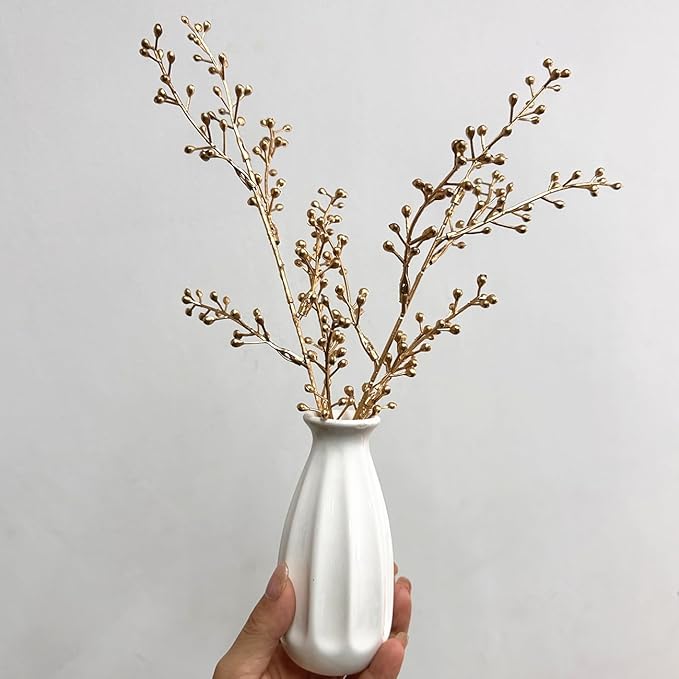 Artificial Golden Berry Stem Decorations, Fake Bead Sticks Picks Plastic Plants for Home Party Christmas Berries Stems Tree Ornaments Wreath Crafts DIY Gift Wedding Bouquet Xmas Decor Gold 6 Pcs