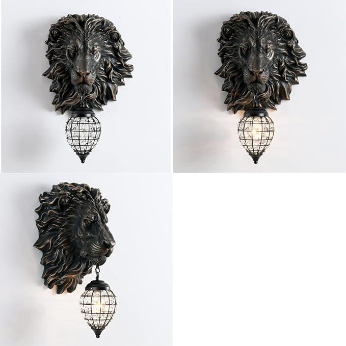 Lion Head Wall Decor Sconces Wall Lighting Retro Baroque Crystal Sconce Gold Luxury Wall Lights Fixtures for Living Room Bedroom Bedside Stairs Bathroom Mirror Headlights Lamp, E26 (B-2)