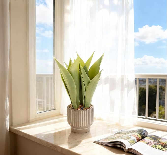 Artificial Realistic Snake Plant 16" in Concrete-Colored Pot Fake Snake Plants Sansevieria Greenery Faux Snake Plant for Home Office Living Room Housewarming Gifts Indoor Decor