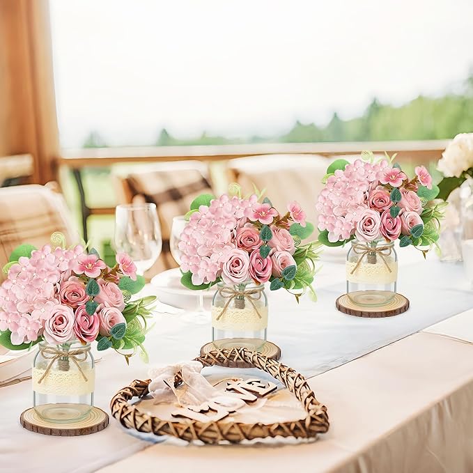 Set 6 Mason Jar Table Centerpiece - Wedding Centerpieces for Tables, Mason Jar Flower Centerpiece Vases Decor- Boho Farmhouse Rustic for Engagement, Bridal Shower, Wedding, Versatile Decor (Pink)