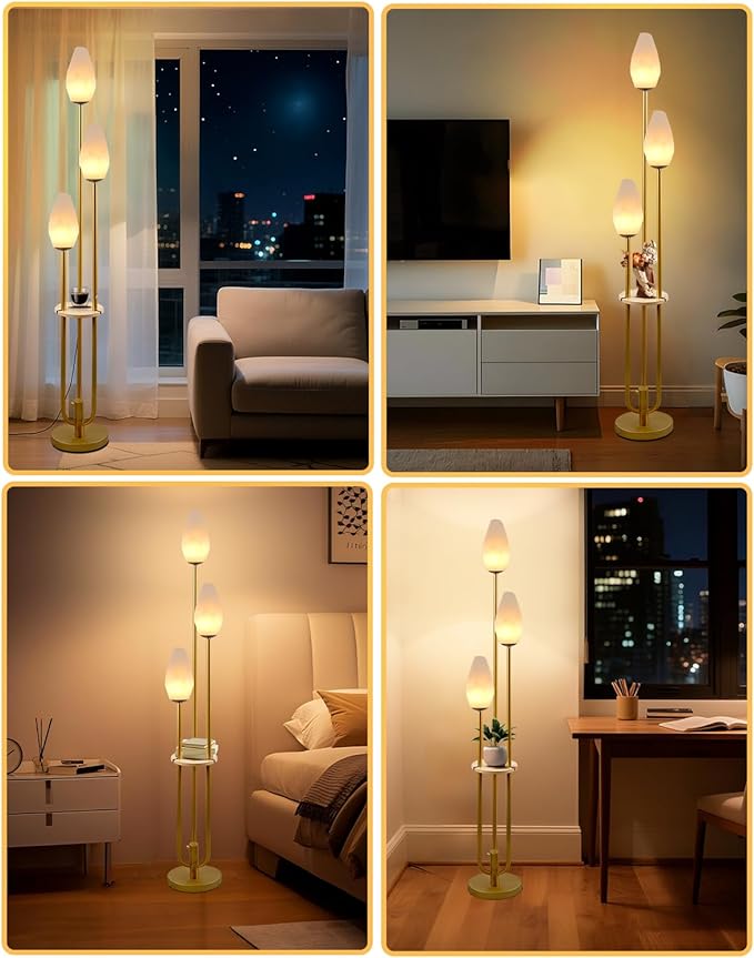 Lightdot Gold Floor Lamp with Tray, 3-Lights Dimmable Floor Lamps with Rock-Shaped Shade, Unique Candle Holder Style Modern Tall Lamp for Living Room/Party/Sofa Beside/Corner Decor(Bulbs Included)