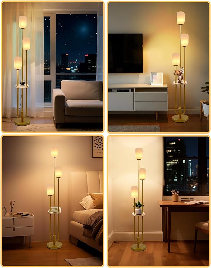 Lightdot Gold Dimmable Floor Lamp with Shelf, Modern Floor Lamps with Oval Striped Lampshade 3000K Bulb Included 3-Lights Candle Holder Style Tall Lamp for Living Room/Bedroom/Sofa Beside/Corner Decor