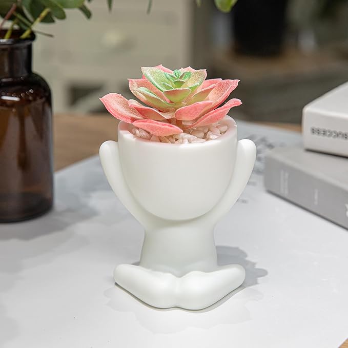 HEYO-YEPY 3PCS Cute Artificial Plant Office Decor for Women and Men, Aesthetic Desk Plant Decor for Office and Home, Potted Small Fake Plants for Indoor Decoration, White Pots Pink Plants