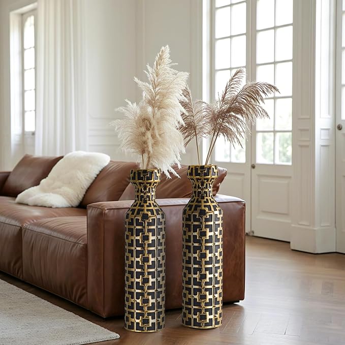 Pair of 24.4" Tall Ceramic Cylinder Vases with Geometric Gold Accents, Large Flower Vase, Decorative Vase - Modern Black & Gold Floor Vases for Living Room, Entryway Decor (Set of 2)