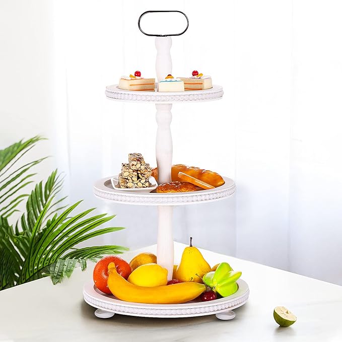 Urban Deco Wooden Tiered Tray 3-Tier Decorative Tray Stand Farmhouse Serving Tray, Round Wooden Cupcake Display Stand with Metal Handle, White Tiered Fruits Tray for Home Party Decorations
