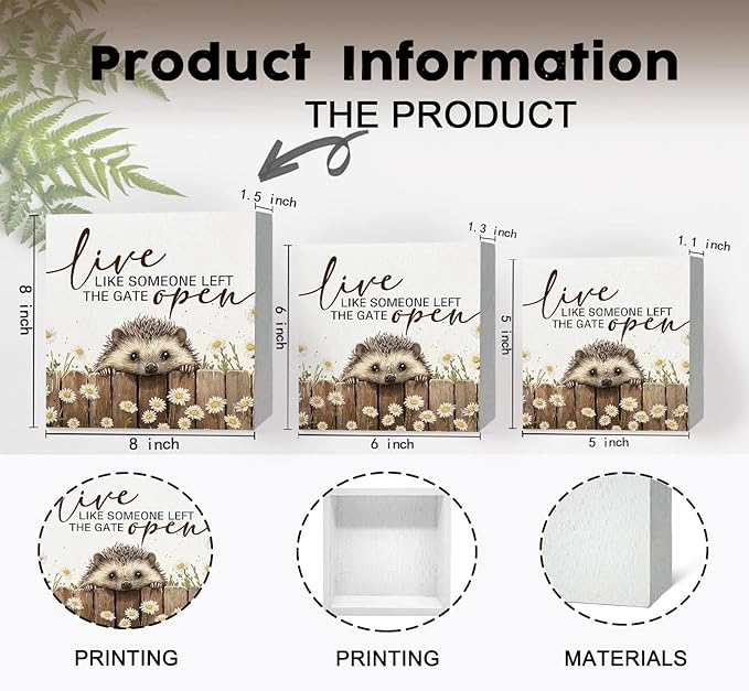 Hedgehog Wooden Box Sign -Rustic Farmhouse Live Like Someone Left the Gate Open Signs for Home Decor, Farm Cottagecore Animal Office Kitchen Bedroom Decor, Hedgehog Gifts for Women, 8x8