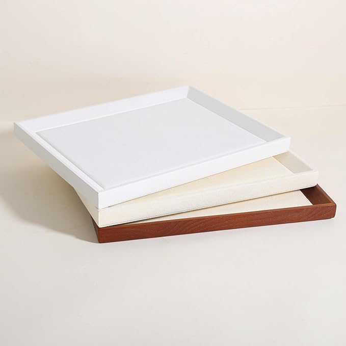 GemeShou Gemehou faux PU leather Jewelry Viewing Tray, Stackable Jewelry Plate, Rectangle Jewelry showcase, Empty Jewelry tray for Necklace Bracelet Ring Earring Watch (White-Medium, 11.8 x 9.1 in)