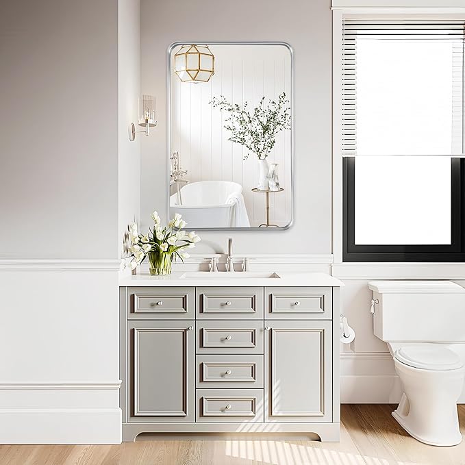 Fabuday Bathroom Wall Mirror Rectangle - 36x24 Inch Large Over Sink Framed Mirror Silver, Rectangular Brushed Mirrors Hanging for Bedroom, Restroom, Living Room, Entryway Decor