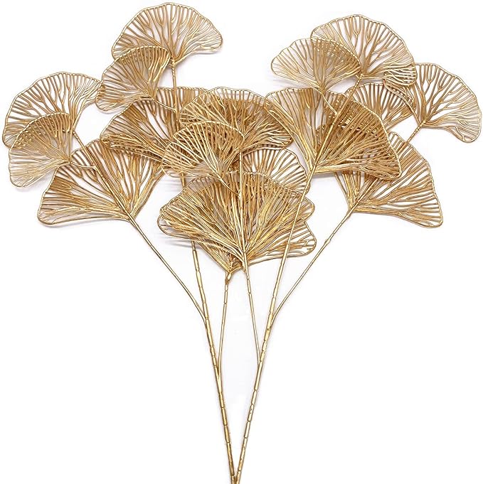 PASYOU Artificial Plants for Christmas Decor, Golden Plastic Grass Fake Shrubs Apricot Leaves Indoor Outdoor Home Garden Party Hotel Verandah Wedding Event Faux DIY Decoration - 26.8 Inch Gold 2 Pack