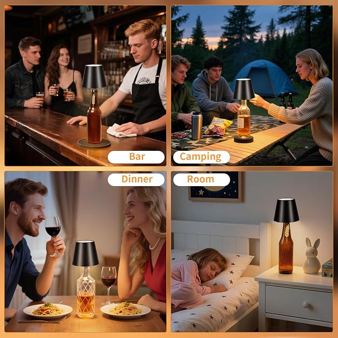 Rechargeable Wireless Bottle Lamp - 3 Color Stepless Dimmable, Metallic Black Lampshade, 5H Bright Light or 48H Soft Glow,Ideal for Home Décor, Parties, Bar