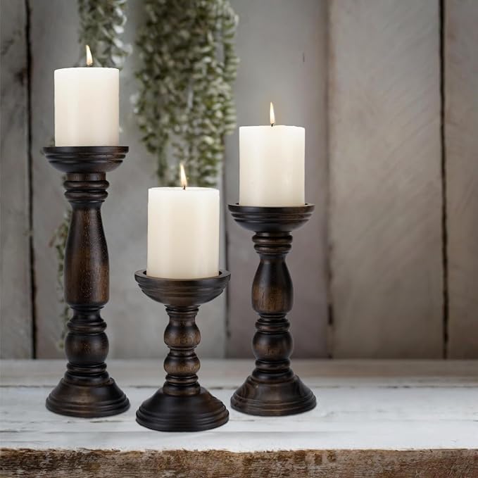 Farmhouse Wooden Candle Holders for Pillar Candles Set of 3, Rustic Wood Candle Holder Table Centerpiece Decor, 12'' 9'' 6'' Vintage Tall Candle Stand Decorative, Dark Brown