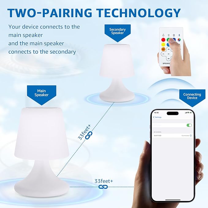 uuffoo Shower Lamp Cordless LED Table Lamp with Speaker Patio Outdoor Speaker with Lights RGB IP44 for Patio Pool Party Balcony Bathroom (Waterproof, Rechargeable)