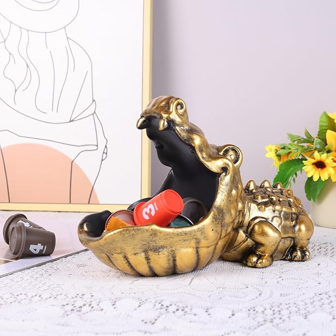 Alligator Statue Key Bowl, Fun Animal Statue Candy Dish for Entryway Decorative Bowl, Office Candy Dish, Big Mouth Sculpture Home Living Room Trinket Container Storage Box (Gold)