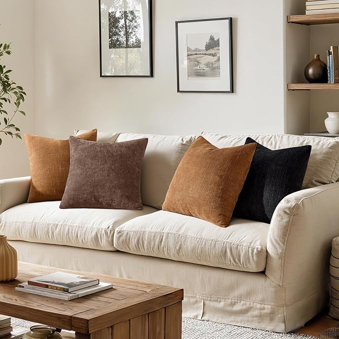 ANRODUO Pack of 2 Decorative Textured Pillow Covers Soft Chocolate Brown Square Accent Solid Chenille Cushion Cover Cozy Farmhouse Pillow Case for Couch Sofa Bedroom Living Room Home Decor 18x18 Inch