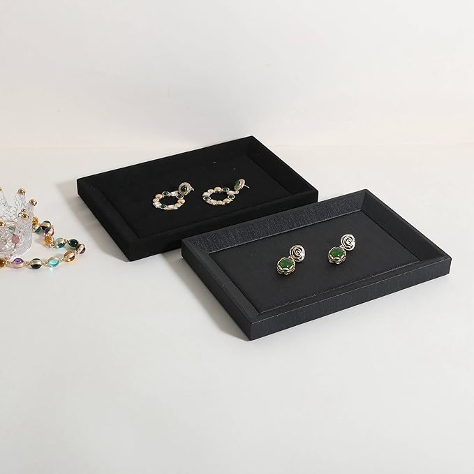 GemeShou Gemehou faux PU leather Jewelry Viewing Tray, Stackable Jewelry Plate, Rectangle Jewelry showcase, Empty Jewelry tray for Necklace Bracelet Ring Earring Watch (Black-Small, 9.1 x 5.9 in)