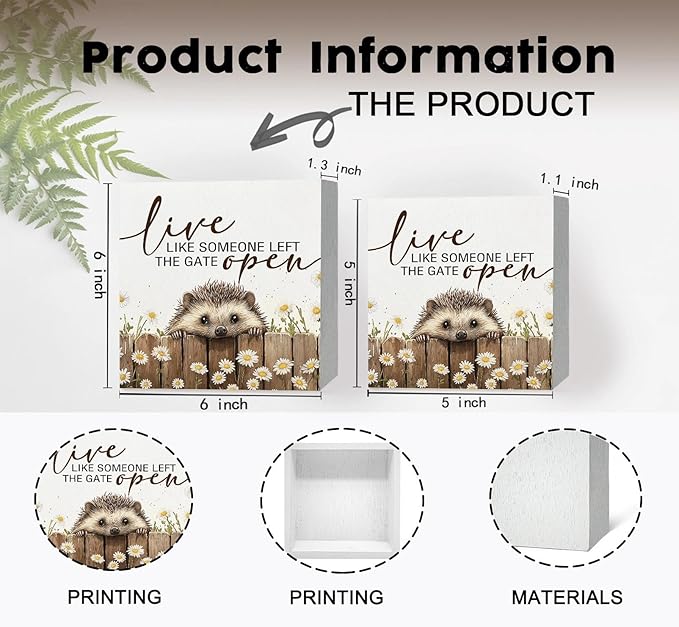 Hedgehog Wooden Box Sign -Rustic Farmhouse Live Like Someone Left the Gate Open Signs for Home Decor, Farm Cottagecore Animal Office Kitchen Bedroom Decor, Hedgehog Gifts for Women, 6x6