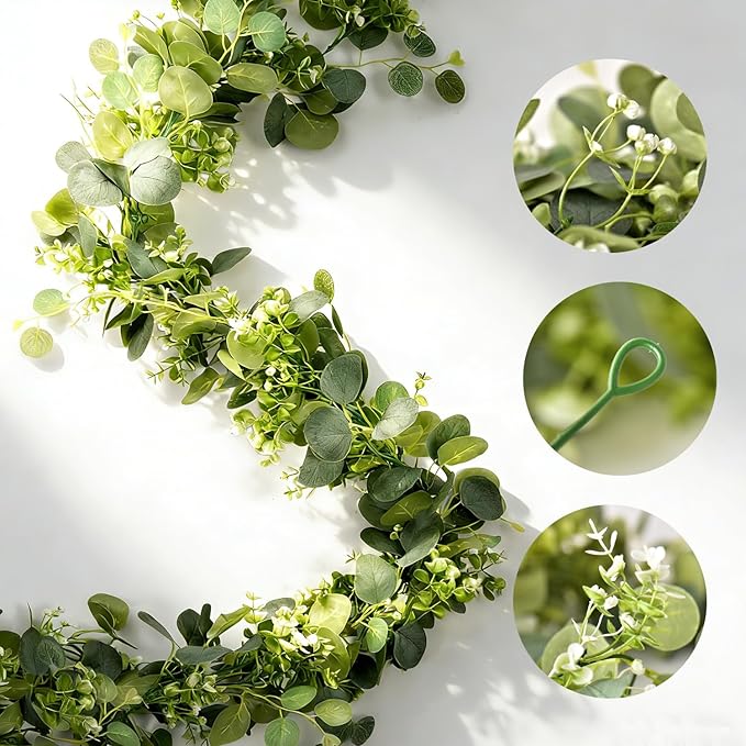 Eucalyptus Garland with White Flowers 4Pack: 5.9Ft Artificial Faux Greenery Vines for Valentine's Day Table Runner Wedding Bedroom Mantle Centerpieces Backdrop Decorations