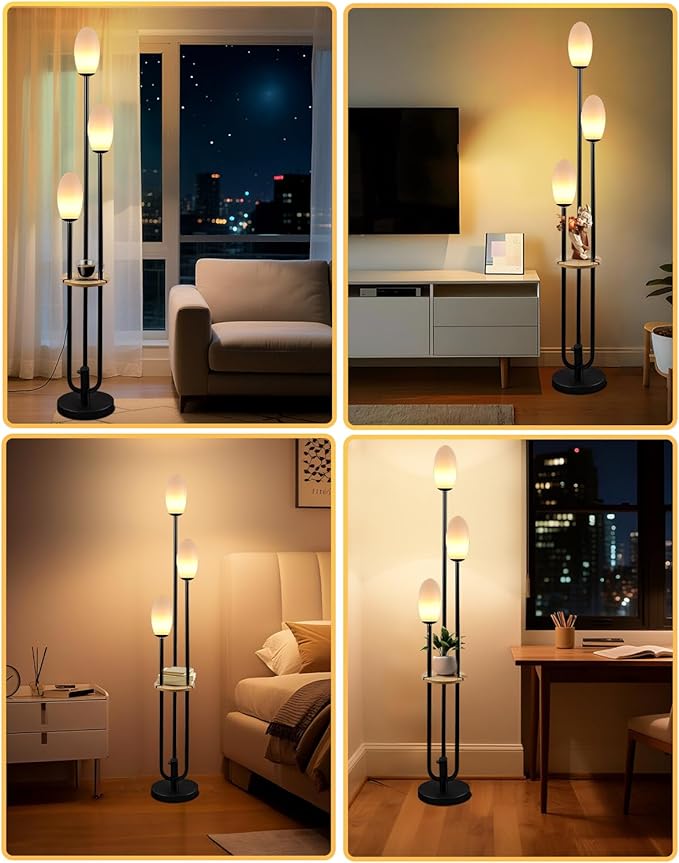 Black Dimmable Floor Lamp with Table, Unique Candle Holder Style Tall Standing Lamps with 3000K G9 Bulbs for Reading, Mid Century Modern Floor Lamp for Living Room Bedroom Office