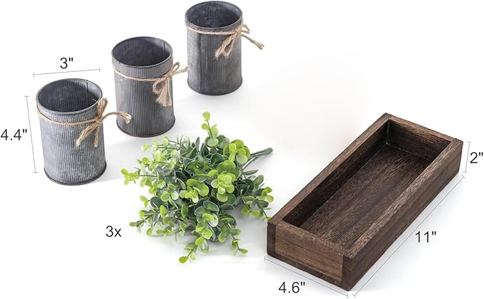 Dahey Centerpiece Table Decorations Coffee Table Decor Wood Tray 3 Galvanized Pots with Artificial Eucalyptus Plants Farmhouse Decor Table Centerpieces for Dinning Living Room Bath Kitchen, Brown