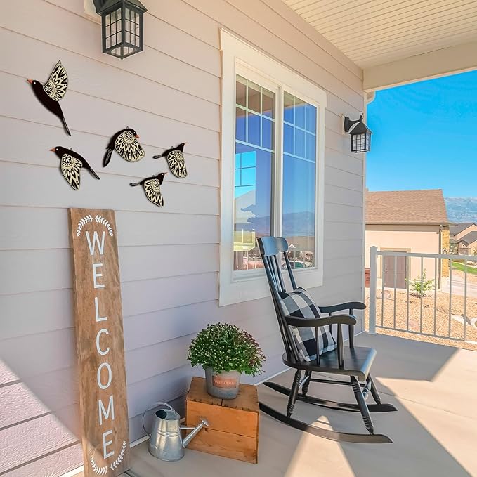 Barydat 5 Pcs Wooden Bird Wall Art Wood Flying Birds Wall Decor Rustic Folk Art Scandinavian Home Decor for Gift Living Room Bedroom Kitchen Office(Black)