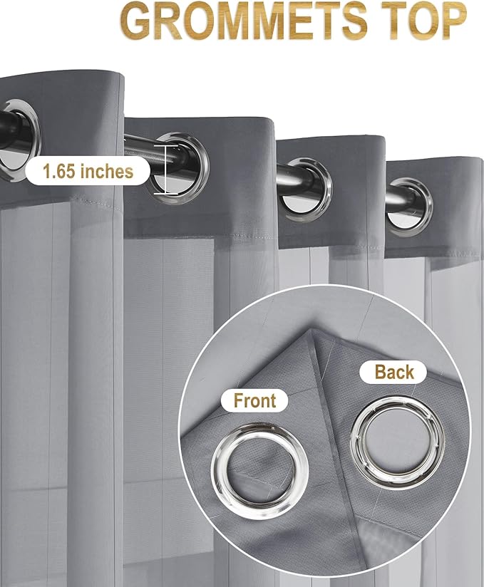 Foil Stripe Grey Sheer Curtains 96 inches Length 2 Panels with Grommets 52 inches Widith, Semi Transparant Curtains for Living Room and Other Rooms