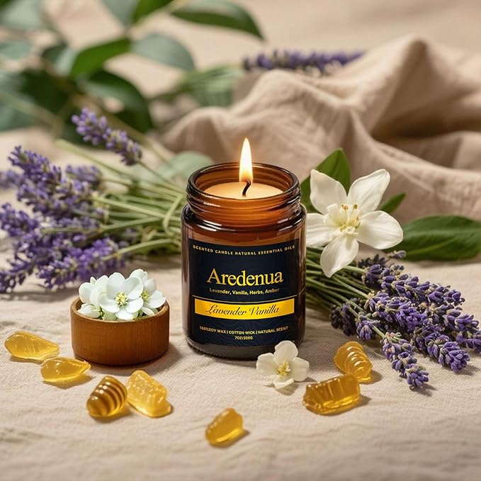 Lavender Vanilla Candle - Scented Candles for Home - 7oz Soy Candles with Relaxing Lavender & Sweet Vanilla Aroma, Long Lasting Scented Candle for Home, Bedroom, Spa, Gift for Women & Men