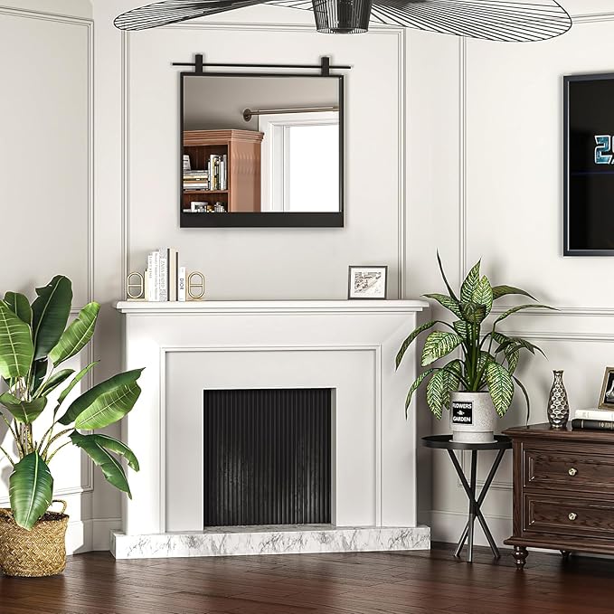 Black Bathroom Mirror 24" x 24" Square Matte Black Rustic Rectangle Metal Framed Barn Door Farmhouse Bathroom Vanity Mirror for Over Sink, Foyer Entryway Decor