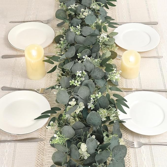 Mavee 3-Pack 5.9ft Artificial Eucalyptus Greenery Garland with Silver Dollar Leaves - Spring Table Runner Vines for Wedding Decor, Home Mantel, Wall Hanging & Party Arrangements