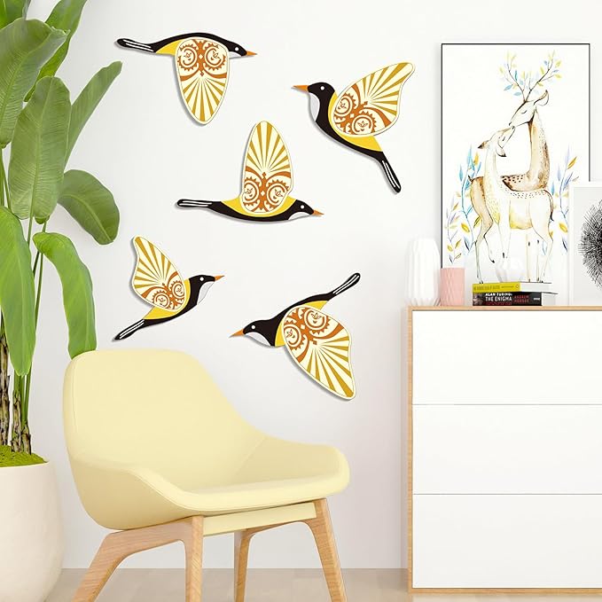 KOYILTD 5 Piece Bird Wood Wall Sculptures Wooden Wall Art Decor Scandinavian Home Decorations Flying Bird Wall Decor Farmhouse Wall Art for Home Living Room Bathroom Dining Room (Yellow)