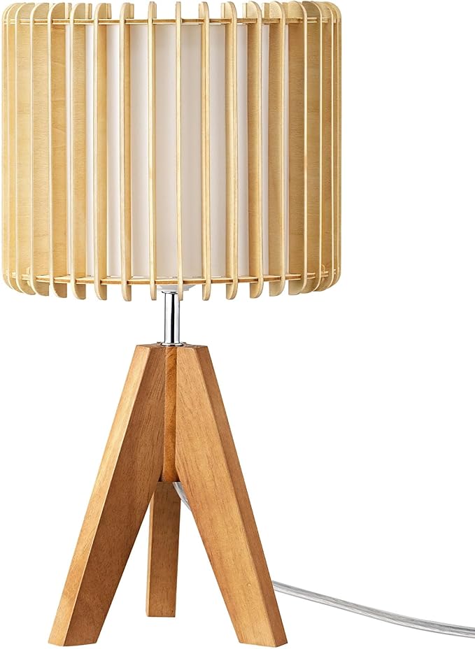 EDISHINE 14.17" Small Table Lamp, Wood Tripod Bedside Lamp, Natural Wood-Colored Hollow & White PVC Shade, E26 Base, Boho Nightstand Lamp for Bedroom, Living Room, Office, Study