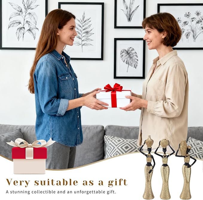 Set of 3 African Women Resin Figurines – Black and Gold Tribal Lady Sculptures for Living Room, Shelf, Office or Entryway Decor, Modern Ethnic Home Decoration