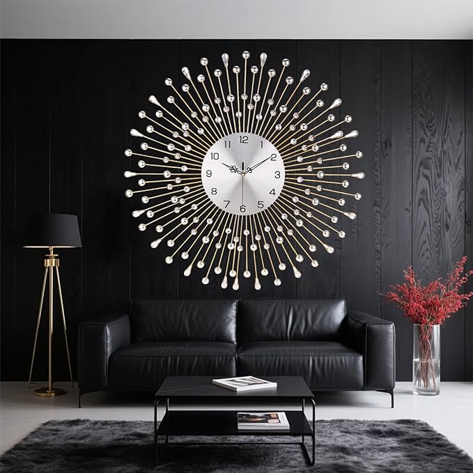 SIN&MI Large Wall Clock Decorative with Dazzling Crystals, Battery Operated Modern Elegance, Metal Wall Clocks for Living Room & Bedroom Decor, Exquisite Kitchen Decoration Clock 20 Inch