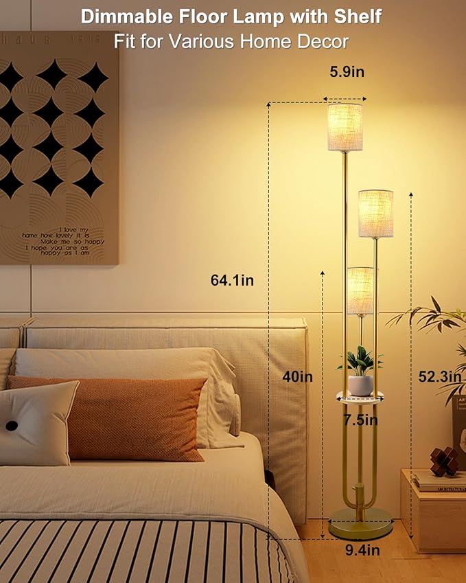 Lightdot Floor Lamp with Table for Living Room Bedroom Dimmable Floor Lamps with Linen Shade Vintage Gold Standing Tall Lamp Candle Holder Style for Bedroom/Sofa Beside/Corner Decor(Bulbs Included