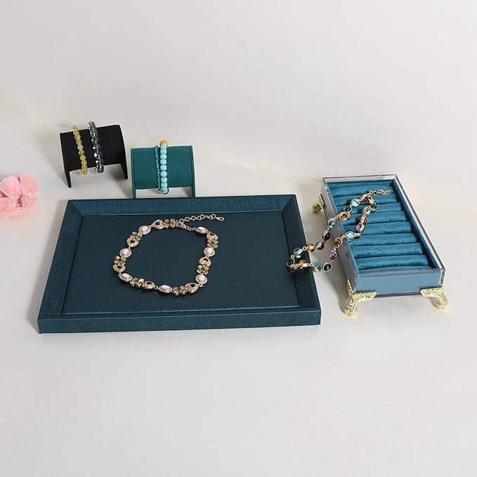 GemeShou Gemehou faux PU leather Jewelry Viewing Tray, Stackable Jewelry Plate, Rectangle Jewelry showcase, Empty Jewelry tray for Necklace Bracelet Ring Earring Watch (Green-Medium, 11.8 x 9.1 in)