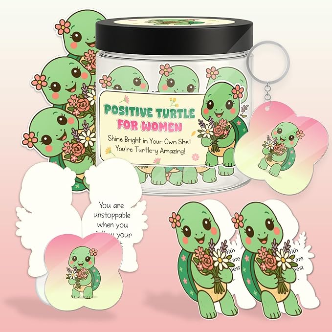 Positive Turtle Affirmation Jar for Women β 60 Daily Motivational Cards, Self Care & Encouragement Gift with Acrylic Keychain and Display Stand, Inspirational Message Jar for Positivity and Confidence