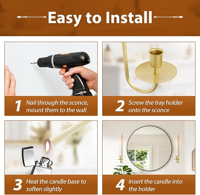 Gold Candle Sconces Set of 4, Taper & Pillar Wall Candle Holder, Gold Wall Decor, for Entryway, Fireplace, Stair Corner