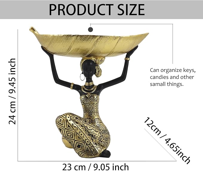 African Woman Sculpture with Gold Leaf Bowl, Handmade Resin Figurine, Exotic Tribal Art Statue for Living Room, Dining Table, or Entryway Decoration